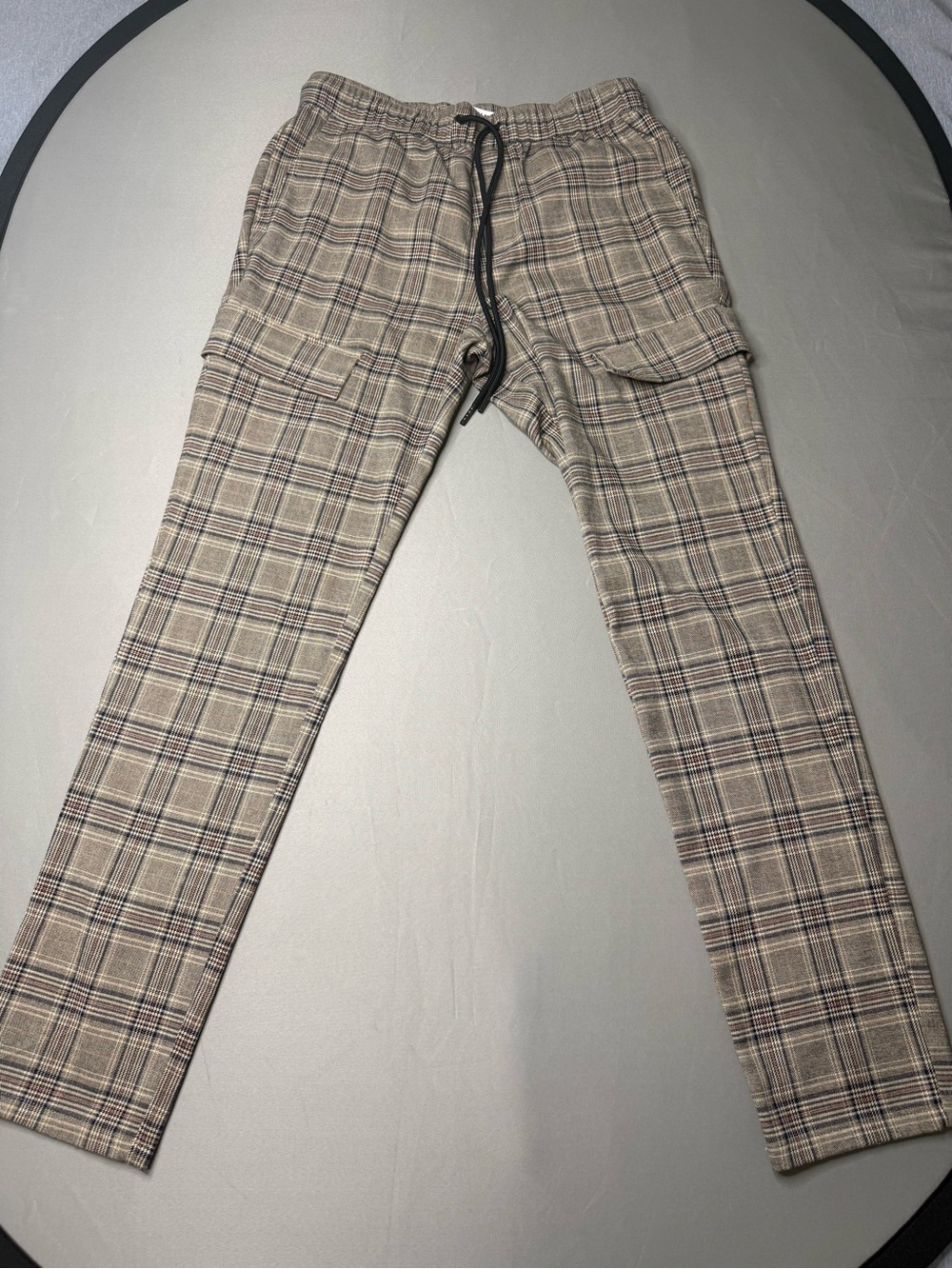 PacSun Beige Plaid Cargo Pants with Black Drawstring